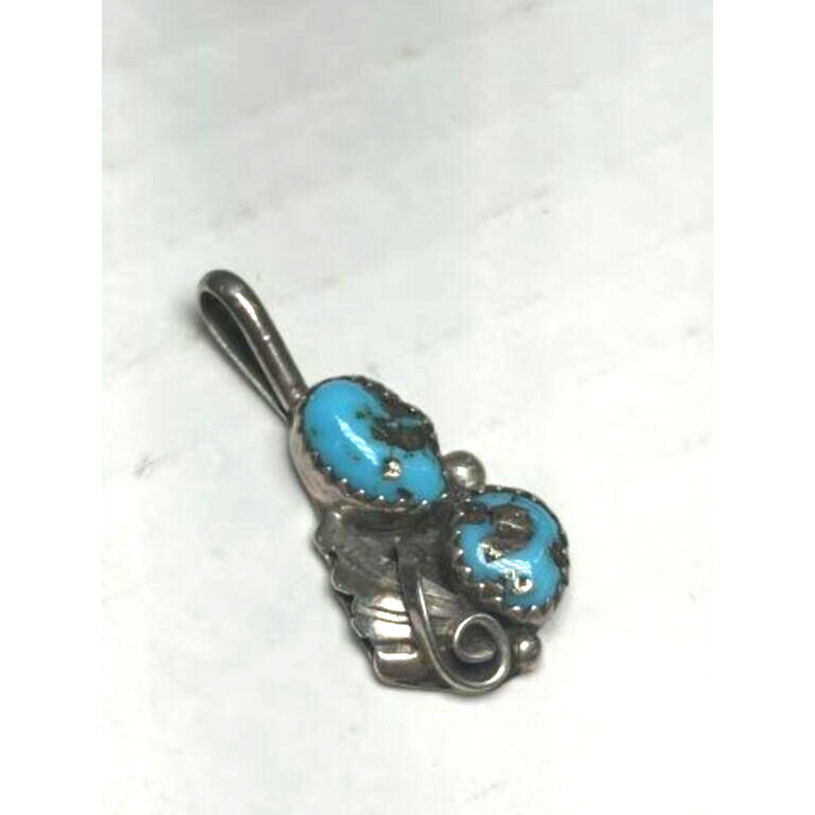 Vintage Native American Zuni Style Stamped Sterling Silver Turquoise Pendant